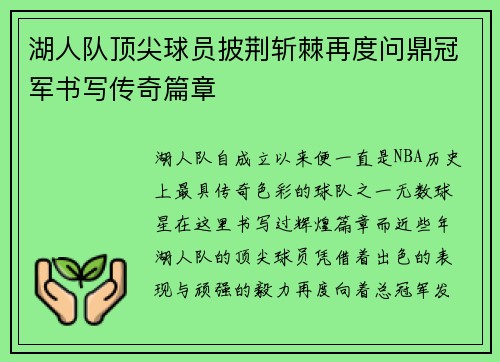 湖人队顶尖球员披荆斩棘再度问鼎冠军书写传奇篇章