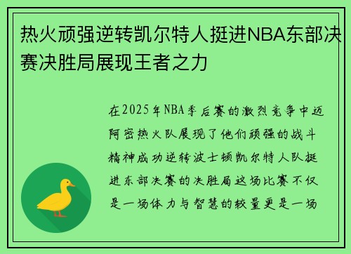 热火顽强逆转凯尔特人挺进NBA东部决赛决胜局展现王者之力
