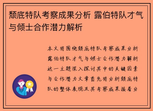 颓底特队考察成果分析 露伯特队才气与倾士合作潜力解析