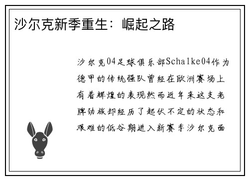 沙尔克新季重生：崛起之路