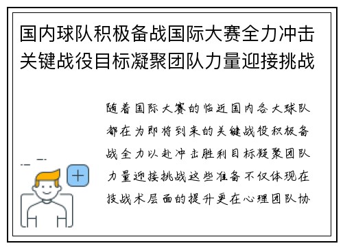 国内球队积极备战国际大赛全力冲击关键战役目标凝聚团队力量迎接挑战